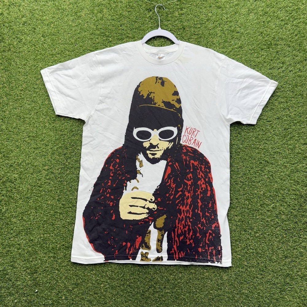 Kurt Cobain Shirt Mens Large Grunge Band White Big Face Logo White y2k 2000s